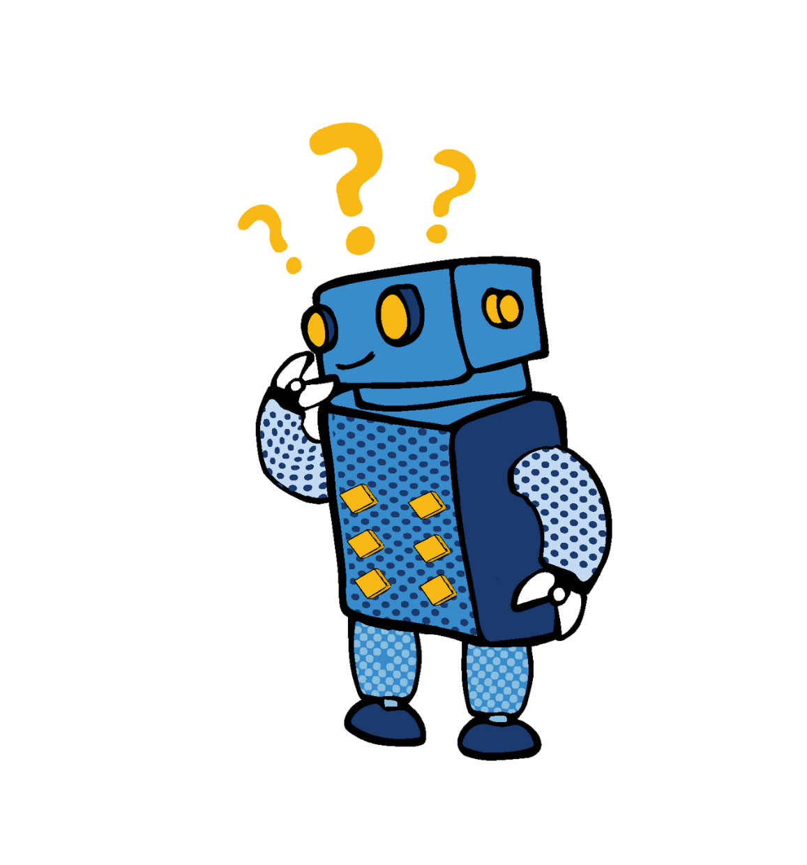 Ein blauer Cartoon-Roboter steht mit einer Hand am Kinn und schaut verwirrt. Über seinem Kopf schweben drei gelbe Fragezeichen, die Verwirrung oder Neugierde signalisieren.